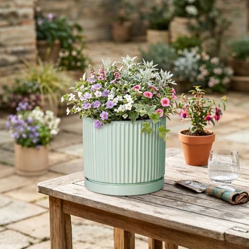 Ceramic Plant Pots, 8 Inch Pots for Plants with Saucer, Mint Green