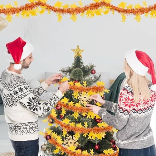 33FT Christmas Tinsel Garland, Red Yellow Metallic Twisted Tinsel Garland with Gingerbread Man Ornaments Shiny Xmas Hanging Decoration for Christmas Tree Wedding Birthday Home Party Supply