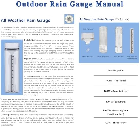 Outdoor Rain Gauge, 1/100 Inch Precise Read, UV Heat Resistant