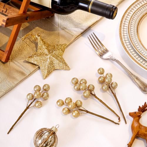 Tatuo 360 Pcs Glitter Gold Holly Berries on 60 Stems, Christmas Winter