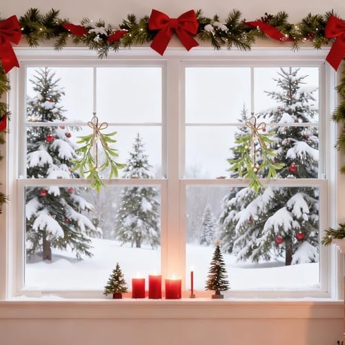 2 Pcs Frosted Mistletoe Hanging Decorations, 10.6'' Artificial Mistletoe Ornament Hanging Kissing Ball with Berry for Christmas Winter Holiday Decor (2, White)