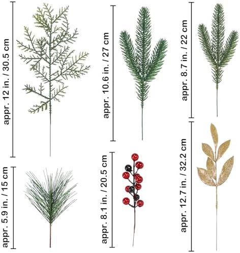 Winlyn 70 Pcs Assorted Christmas Greenery Stems Artificial Pine Branches Evergreen Cedar Picks Red Berry Stems Pine Needles Glitter Leaf Sprays 5.9"-12.7" for Holiday Trees Floral Arrangements Wreaths
