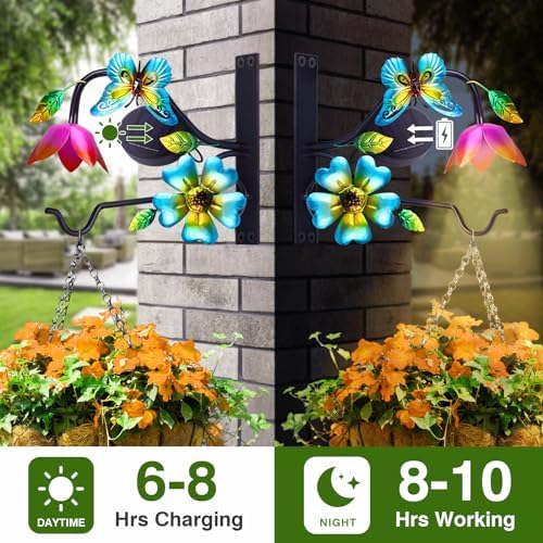 Lewondr 9" Plant Hangers with Solar Light,Metal Hanging Plant Bracket