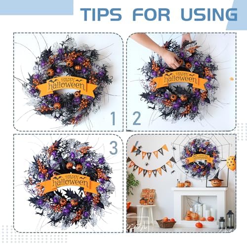 22 Inch Halloween Glitter Pumpkin Spider Wreath for Front Door