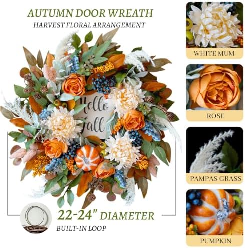 Harvest Fall Wreaths for Front Door 24 Inch Autumn Wreath with Rose&Dahlias