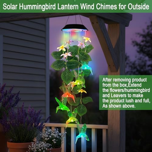 Hummingbirds Solar Wind Chimes Outdoor,Color Changing LED Dangler Mobiles