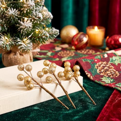 Tatuo 360 Pcs Glitter Gold Holly Berries on 60 Stems, Christmas Winter