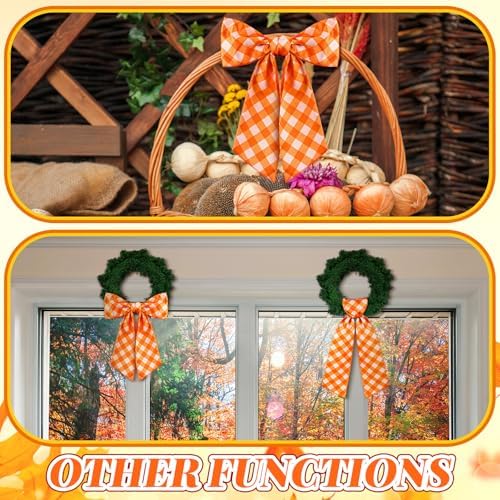VitalCozy Fall Orange Check Wreath Sash for Front Door, Satin Bow