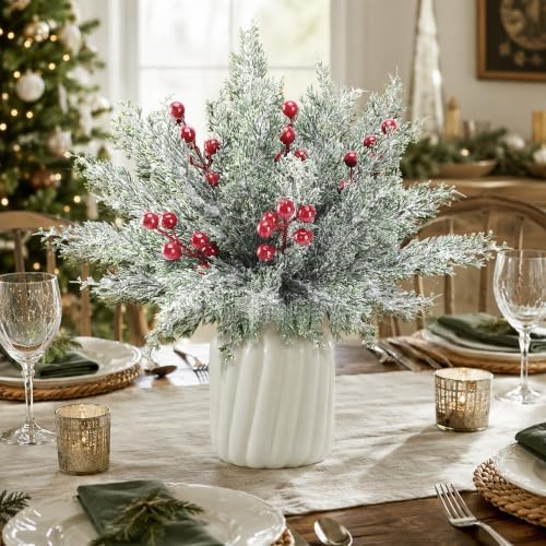 50Pcs Christmas Snow Pine Branches with Red Berries,Snowy Norfolk Pine Stem