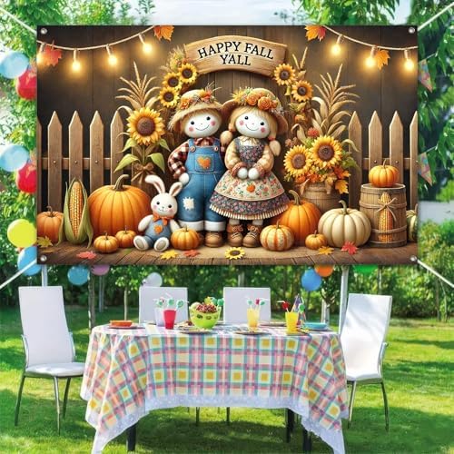 BlissYard Happy Fall Y'all Backdrop Banner Autumn Thanksgiving Harvest Holiday 71x43 Inchs Fall Scarecrow Sunflower Banner Autumn Thanksgiving Outdoor Indoor Party Decor