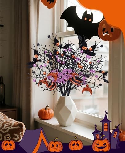 6Pcs Halloween Glitter Berry Picks, Decor Branch Stems for Vase Tabletop Party Decor