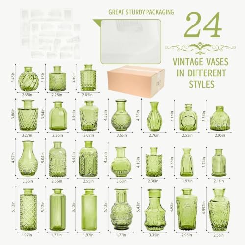 24PCS Mini Bud Vases As Wedding Centerpieces for Tables,Clear Bud Vases for Flowers,Small Flower Vases Suitable for Birthday Party,Anniversary,Wedding Reception,Baby Shower (Green, 24PCS)