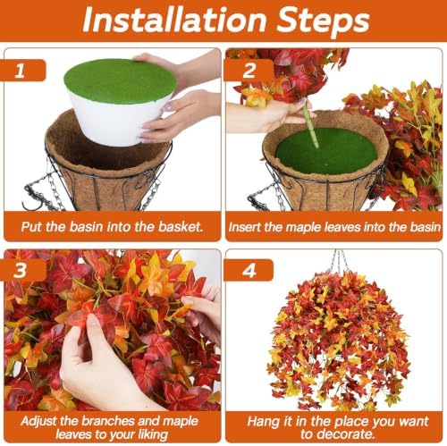 2Set Artificial Fall Hanging Baskets Outdoor Fall Porch Decor Orange
