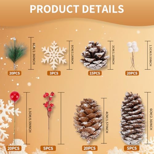 108 Pcs Christmas Ornaments Pine Cones Berry Pine Branch Set Xmas Decorations for Home, Pinecones for Crafts Vase Filler Wreath Christmas Table Decor