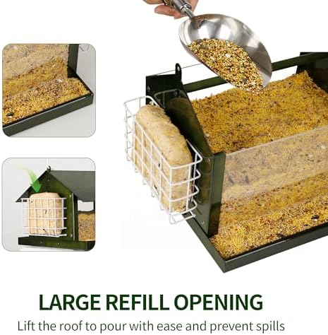 Solution4Patio Bird Feeders for Outdoors Hanging, All Metal, Double Suet Cake and Large Capacity, Hopper Tray & Weatherproof for Finch, Cardinal & Chickadee (Green)
