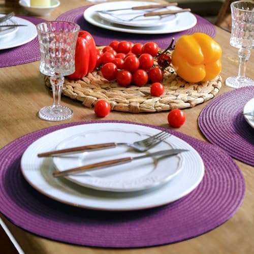FunWheat Round Braided Placemats Set of 4 Table Mats for Dining Tables Woven Washable Non-Slip Place mats 15 inch(Purple,4pcs)