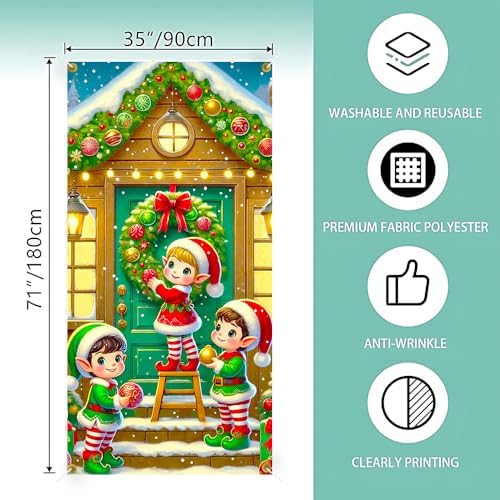 Elf Trio A-Frame Cabin Snowy Christmas Door Cover 35x71in