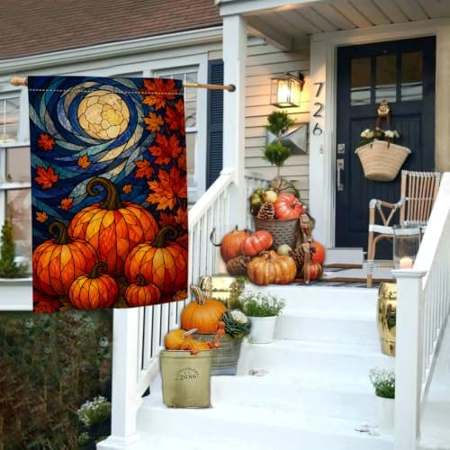 Fall Stained Glass Pumpkin House Flag 28x40 Harvest Moon Maple Yard Decor