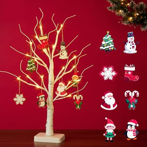 EAMBRITE Lighted Birch Tree with Ornaments, Small White Christmas Trees