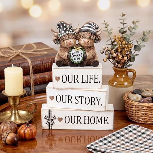 Yousoontic 4 Pcs Sweet Home Highland Cow Figurines, Rustic Farmhouse Decor