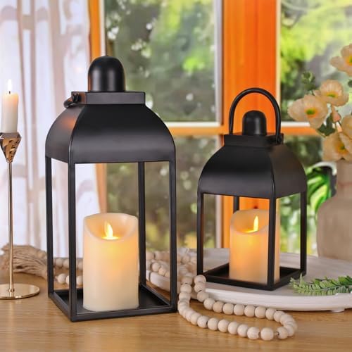 Lanterns Decorative Indoor 15" 11" Set of 2 Black Metal Lantern with Candle