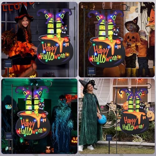 Halloween Lighted Garden Flag 12"x18" – Witch Legs in Cauldron Shape with LED Lights, 8 Lighting Modes, Double Sided Yard Decoration with Solar Panel and Stake for Outdoor Lawn Porch