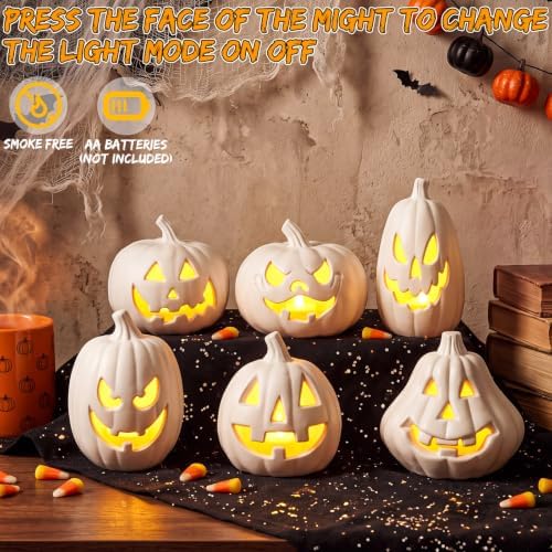 Tujoe 6 Pcs Halloween Pumpkin Lantern Set Light up LED,White