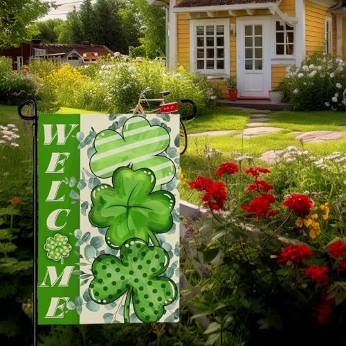 St Patricks Day Garden Flag 12x18 Inch Green Shamrock Garden Flags for Outside Welcome St.Patrick's Day Yard Flags Outdoor Holiday Decor for Graden Lawn Double Sided