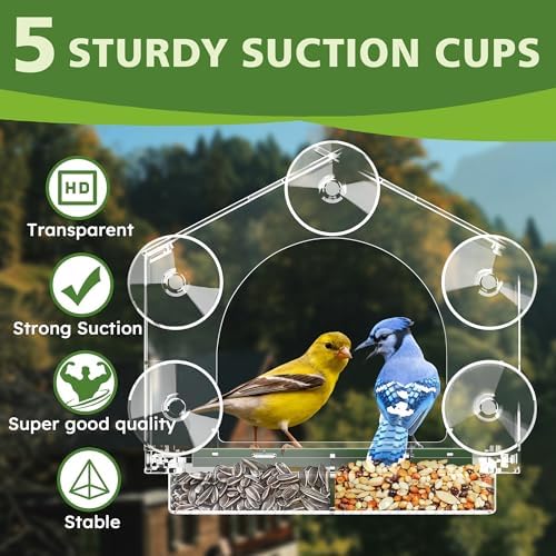 Window Bird Feeder for Outdoors, Clear Bird Feeders with 5 Extra Strong Suction Cups, Sturdy and Durable Bird House for Window Viewing Outside, Garden Decor Gifts for Bird Lover, 2 Pack