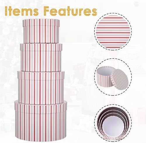 Oairse Gift Boxes with Lids for Presents Red and White Striped Round Box for Flower Arrangements Set of 4 Nesting Gift Boxes Bulk for Bridesmaid, Proposal, Wedding, Birthday, Party Favor Graduation
