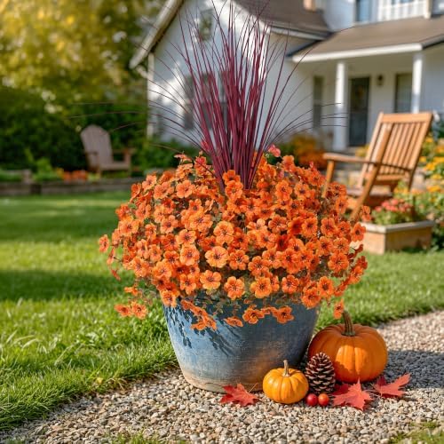 Ivydale Artificial Mums Flowers for Outdoors 12 Pcs + Burgundy Grass