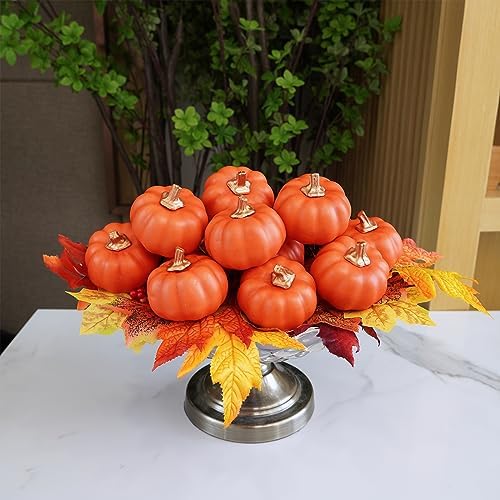 Winlyn 12 Pcs Small Harvest Orange Artificial Pumpkins Decorative Fall Pumpkins Dark Orange Faux Foam Pumpkins for Rustic Farmhouse Halloween Thanksgiving Party Table Centerpiece Autumn Home Décor