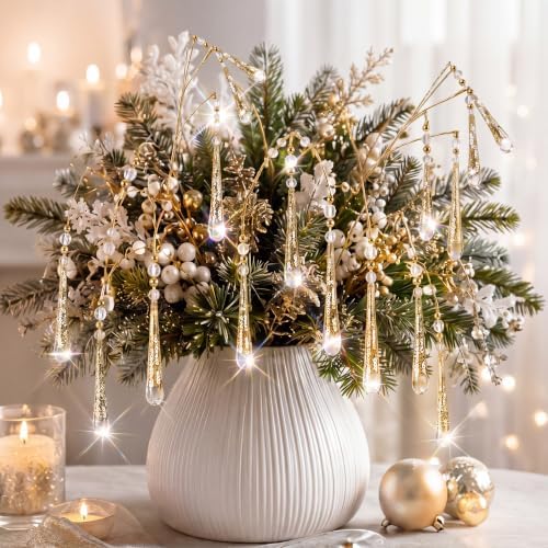 Daily 6 Pcs Crystal Icicle Christmas Tree Picks Gold Christmas Drop Branch