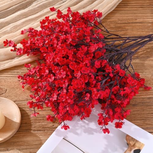 Yastouay 30 Pcs Baby Breath Flowers Artificial Bulk, Fake Fall Flowers, Red
