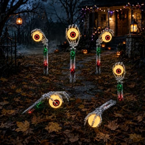 Halloween Decorations Outdoor, 2 Packs Skeleton Hands with Eyeball Lights