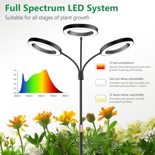 Aumtrly 3 Head Black Floor Grow Light for Large Tall Indoor Plants Growing