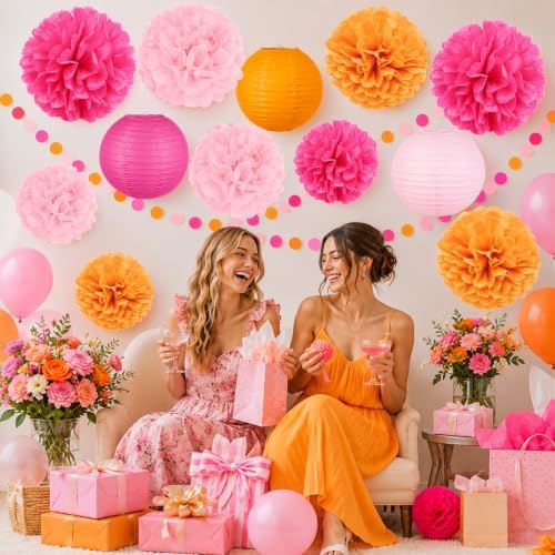 14 Pcs Pink Orange Party Decorations, Pom Poms, Paper Lanterns, Garlands