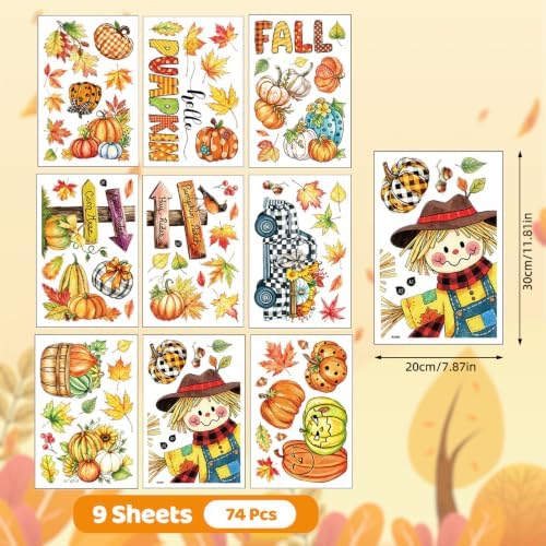 Fall Window Clings Maple Leaves Pumpkins Scarecrow Truck Autumn Harvest, 9 Sheets Thanksgiving Window Clings for Glass Windo Fall Decor Indoor Windo Decals