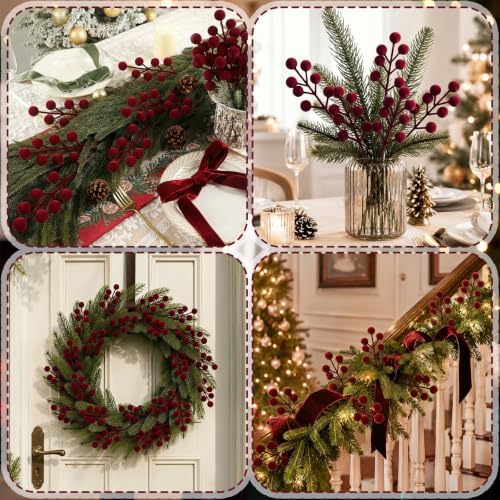 60 Pcs Burgundy 6.5 Inch Christmas Holly Berry Stems