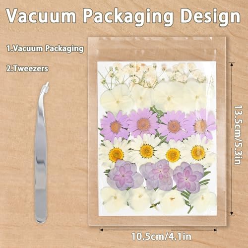 Dried Pressed Flowers Real Pressed Flowers Natural Dry Leaves Bulk Mixed Colorful Herbs Kit with Tweezers for Scrapbooking DIY Candle Jewelry Crafts Making Nails (White, Purple, Blue)