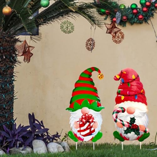 2 Packs Chrismas Decorations Yard Stakes Sign, 23 Inch Metal Gnome Stake, Waterproof Outdoor Decorative Xmas Holiday Outdoor Garden Welcome Signs Yard Lanwn Stake