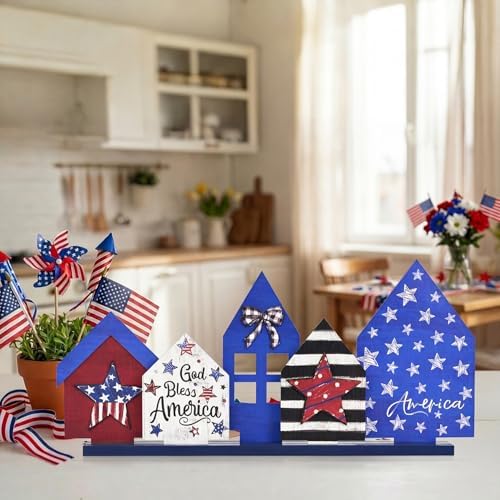 Smile Patriotic Wooden House Tiered Tray Decor Set, 5-Piece "God Bless America" Themed Standing Signs for 4th of July & Memorial Day
