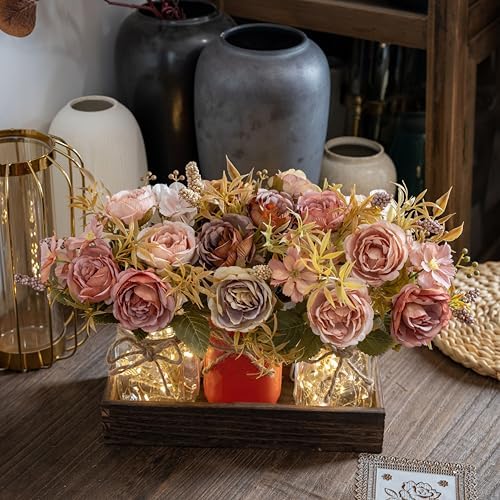 LUEUR Mason Jar Centerpiece with Artificial Fall Rose Flowers