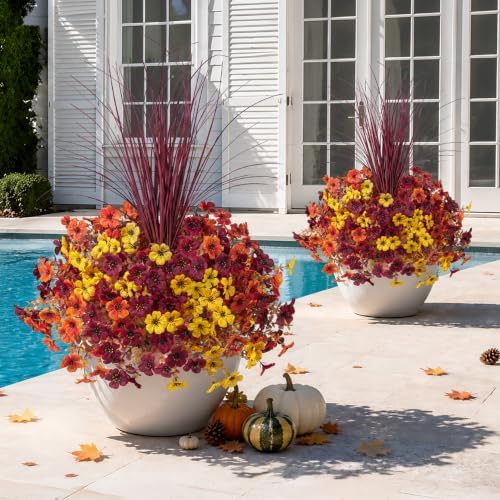 Ivydale Artificial Mums Flowers for Outdoors 12 Pcs + Burgundy Grass