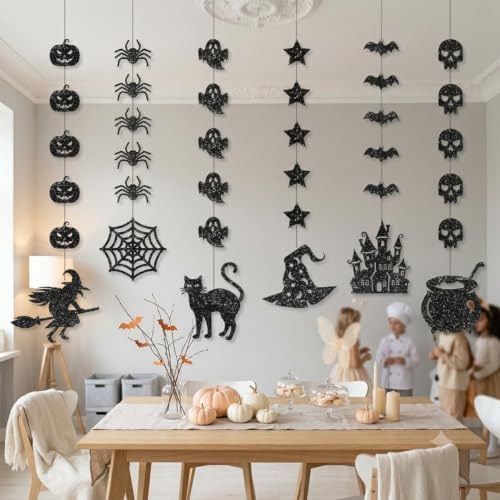6Pcs Black Glitter Halloween Hanging Banner Halloween Decorations