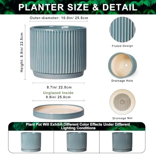 Ceramic Planter 10 Inch, Round Plant Pots with Saucer, Glaze Blue