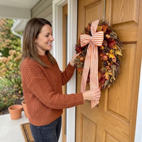 VitalCozy Wreath Sash for Front Door Fall Orange Stripe Satin Ribbon