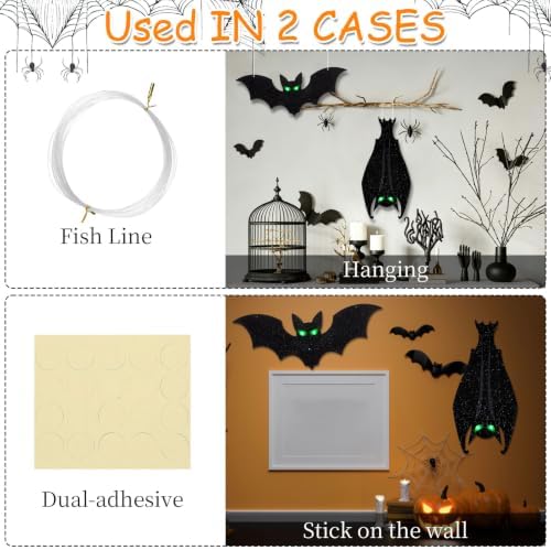 CCINEE 2Pcs Lighted Halloween Hanging Bats, 15in Glitter Black Bat Ornaments with Glowing LED Eyes, Indoor Outdoor Halloween Decor for Yard, Window, Ceiling, Tree, Haunted House Party