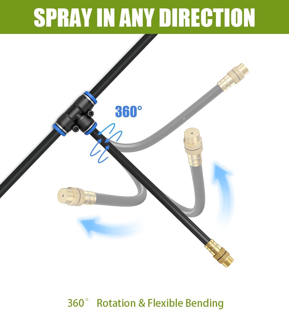 52FT 5/16" Misting Irrigation System for Garden with 20 Adjustable Nozzles | 360° Bendable Copper Nozzles, Quick