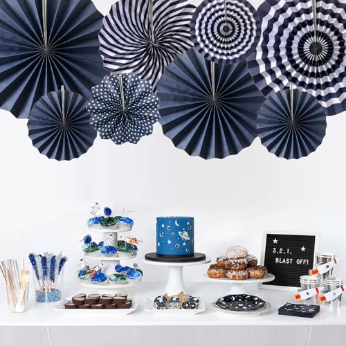 Navy Blue Party Deocrations Hanging Paper Round Fan Nautical for Boy Party